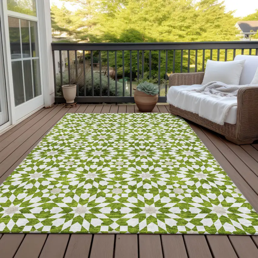 Lime Green Ivory And Beige Floral Medallion Washable Indoor Outdoor Area Rug Photo 6