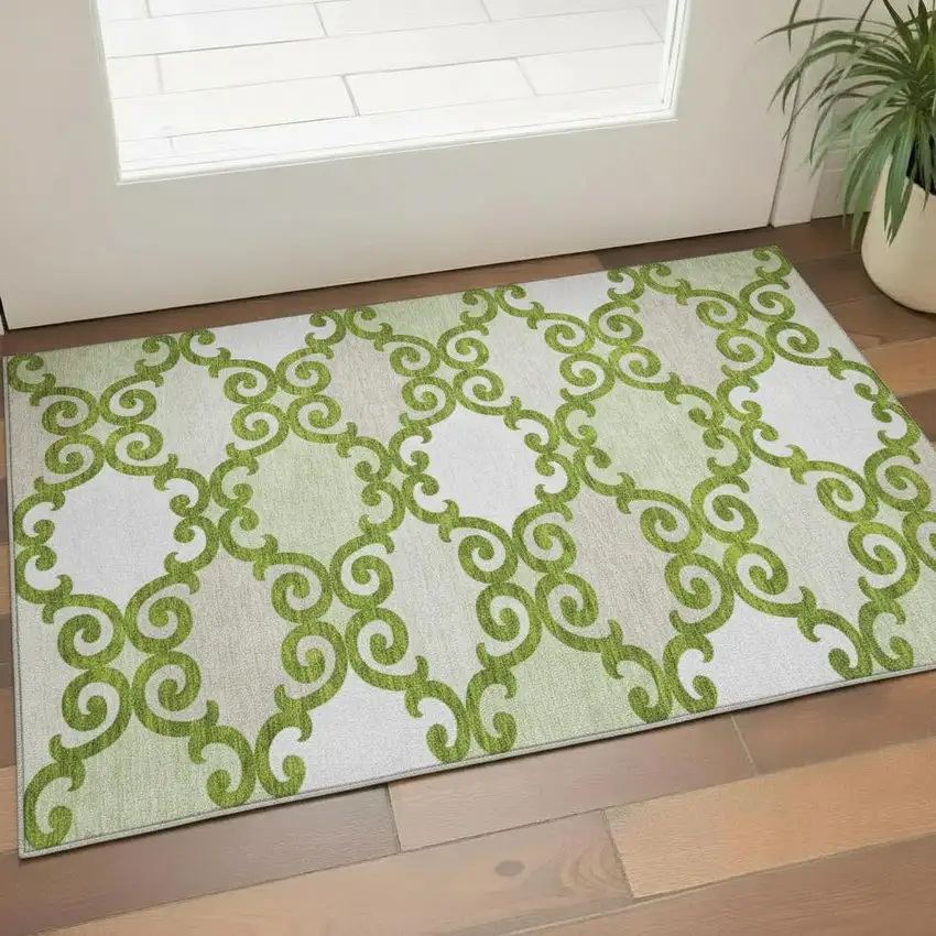 Lime Green Ivory And Beige Trellis Washable Area Rug With UV Protection Photo 1