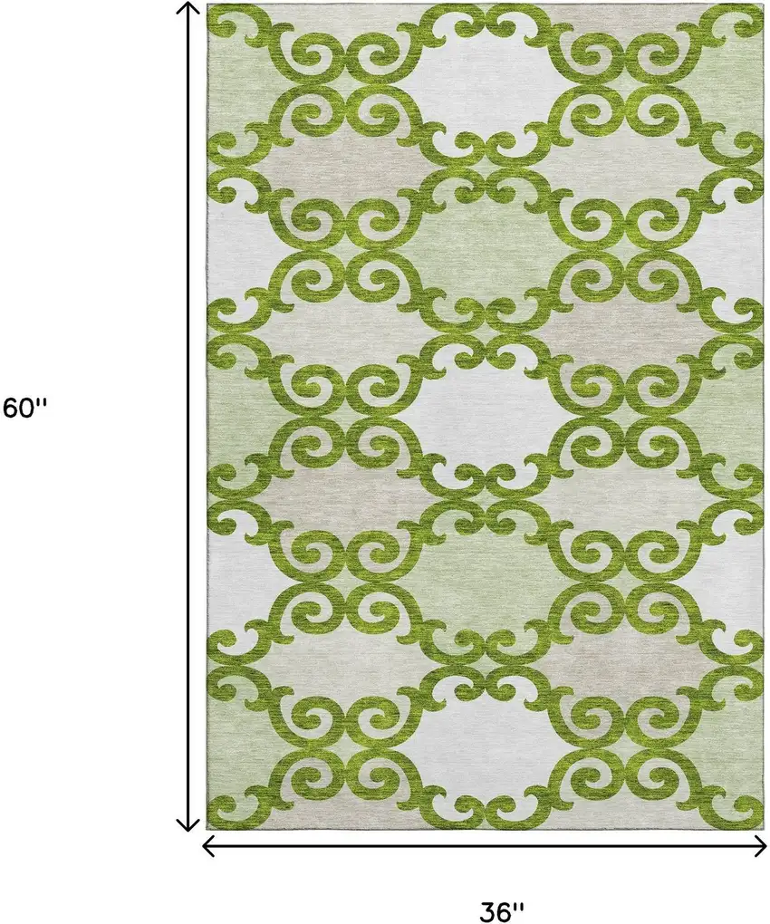 Lime Green Ivory And Beige Trellis Washable Area Rug With UV Protection Photo 3