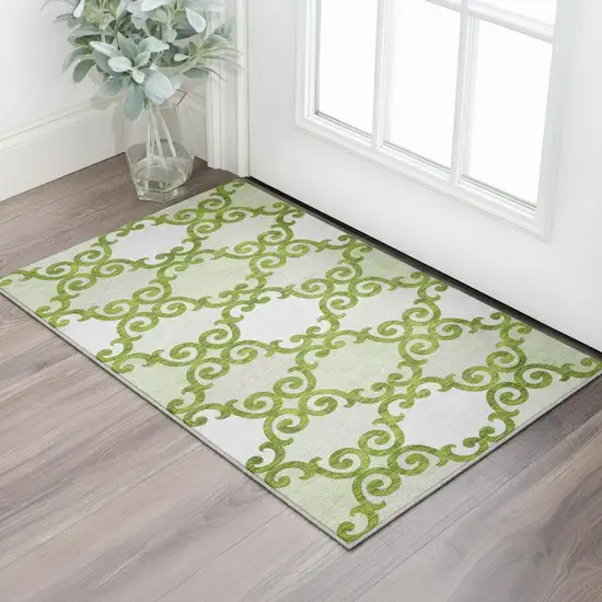 Lime Green Ivory And Beige Trellis Washable Area Rug With UV Protection Photo 2