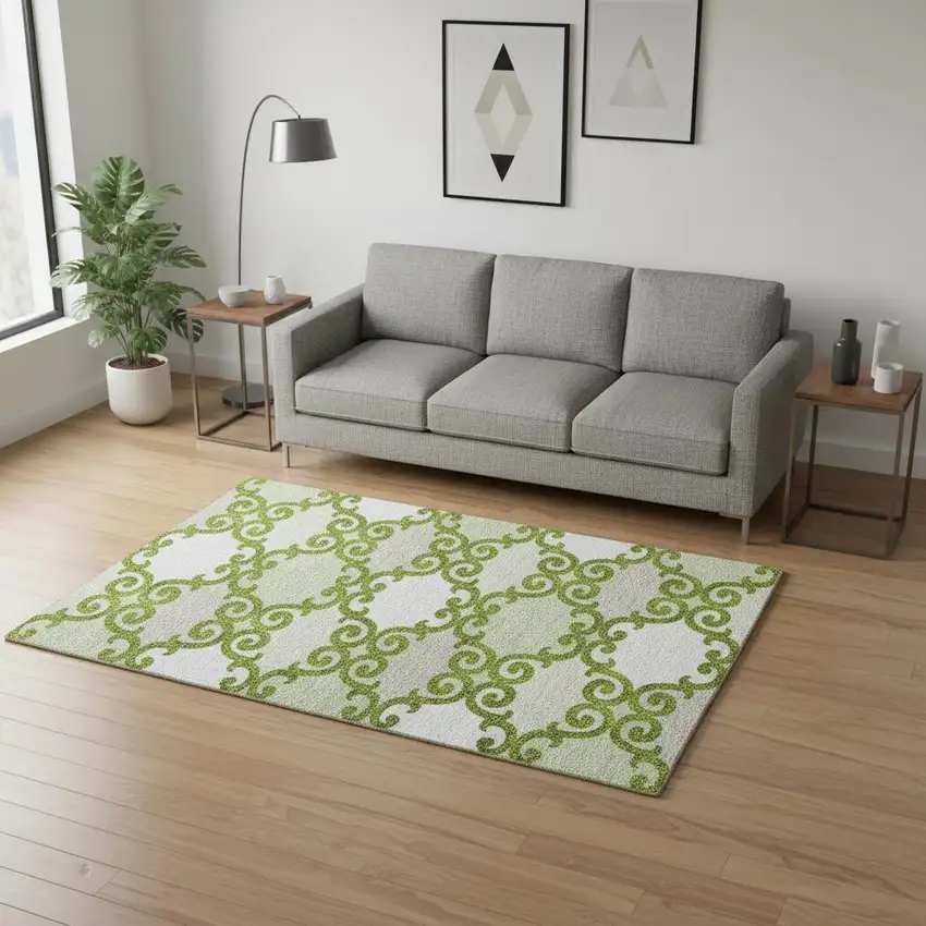 Lime Green Ivory And Beige Trellis Washable Area Rug With UV Protection Photo 2