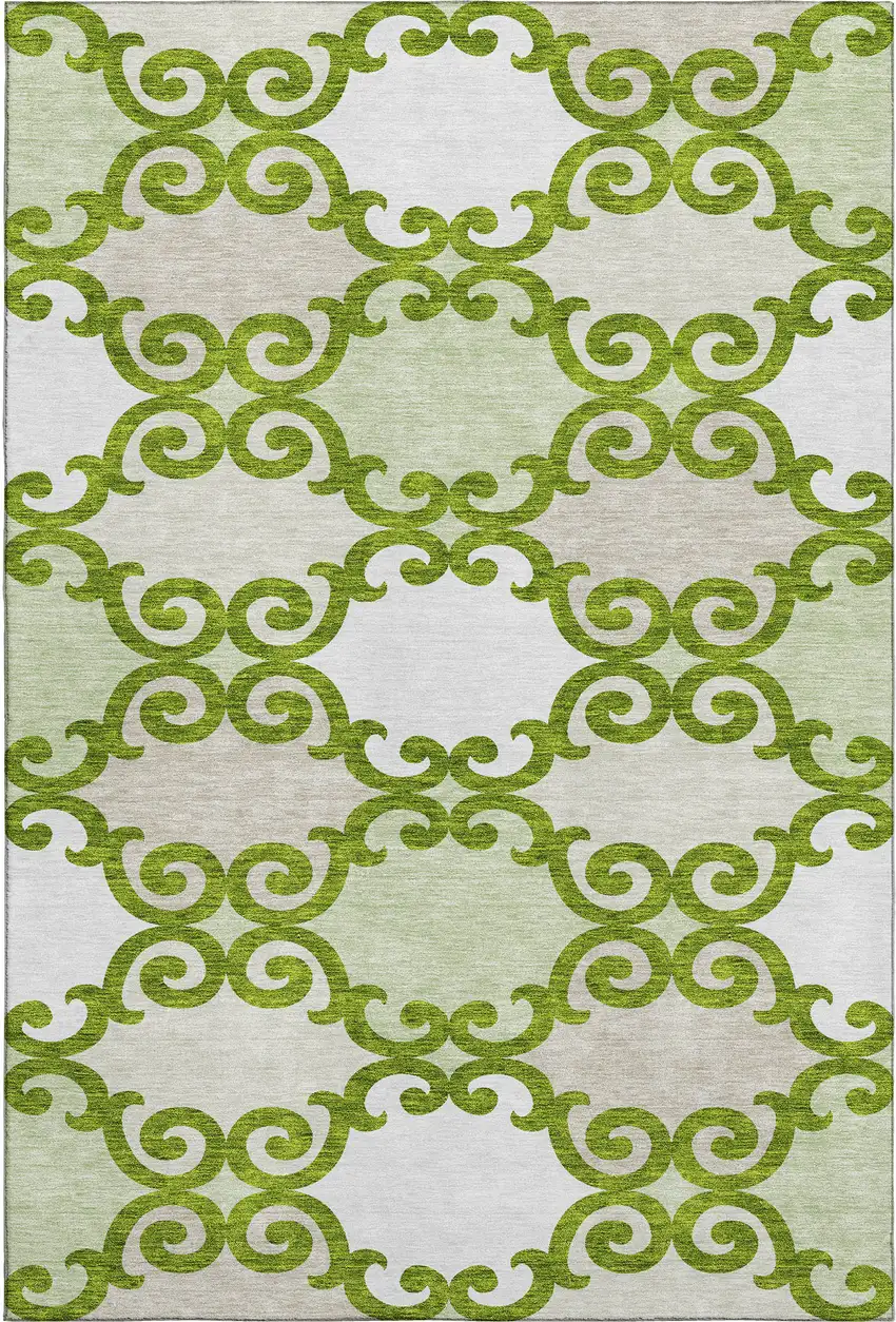 Lime Green Ivory And Beige Trellis Washable Area Rug With UV Protection Photo 1
