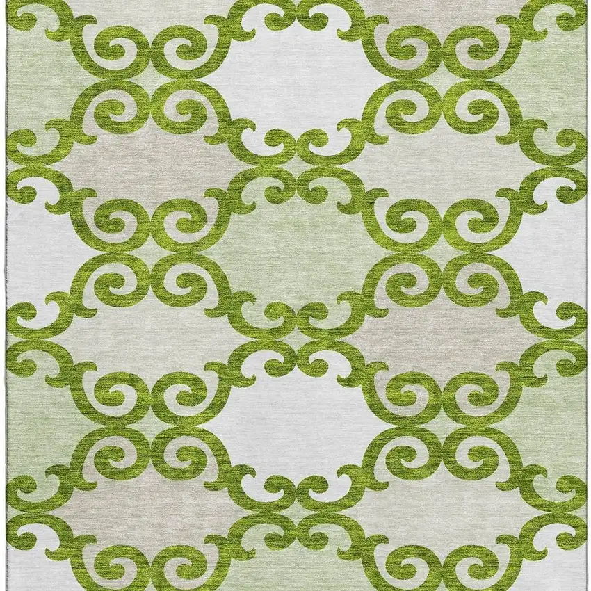 Lime Green Ivory And Beige Trellis Washable Area Rug With UV Protection Photo 4
