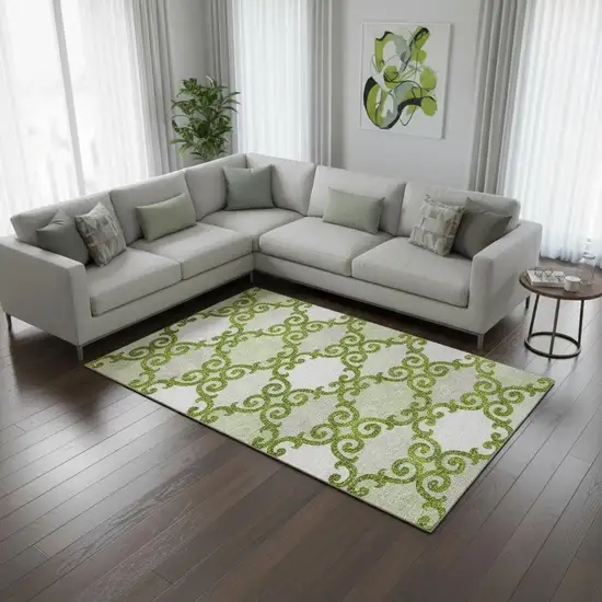 Lime Green Ivory And Beige Trellis Washable Area Rug With UV Protection Photo 2