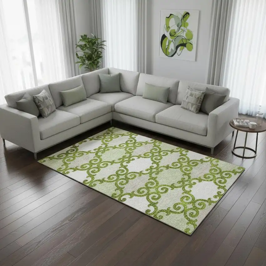 Lime Green Ivory And Beige Trellis Washable Area Rug With UV Protection Photo 2