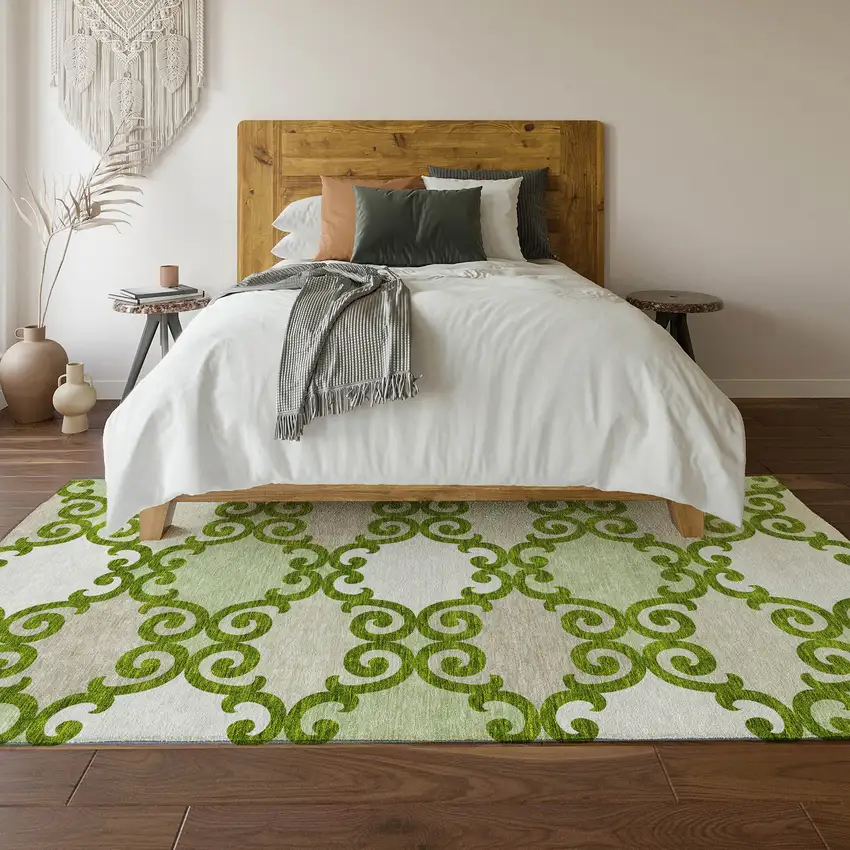 Lime Green Ivory And Beige Trellis Washable Area Rug With UV Protection Photo 6