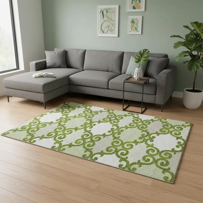 Lime Green Ivory And Beige Trellis Washable Area Rug With UV Protection Photo 2
