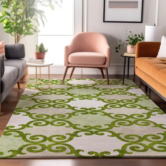 Lime Green Ivory And Beige Trellis Washable Area Rug With UV Protection Photo 5