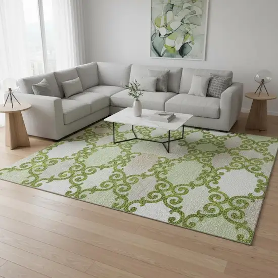 Lime Green Ivory And Beige Trellis Washable Area Rug With UV Protection Photo 2