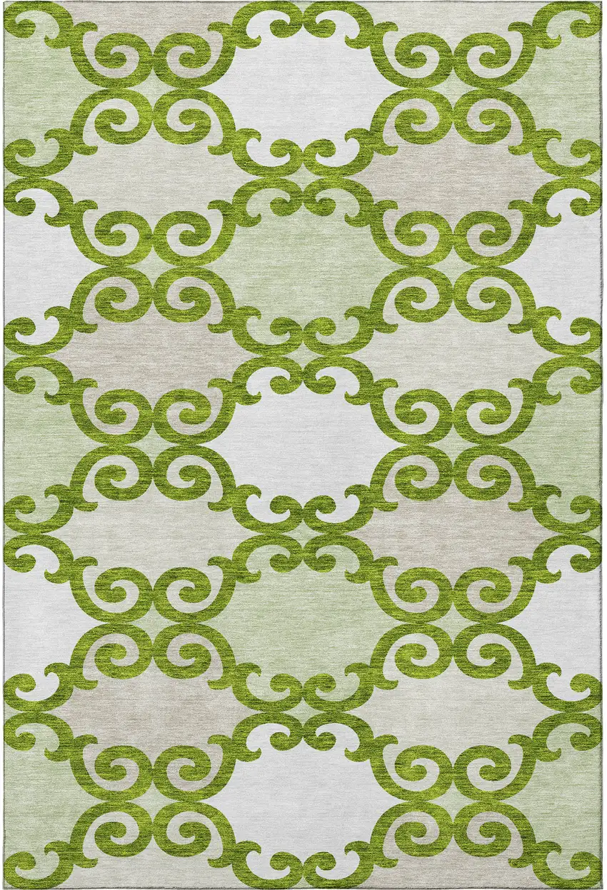 Lime Green Ivory And Beige Trellis Washable Area Rug With UV Protection Photo 4