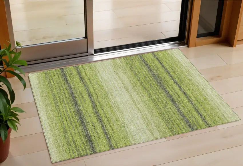 Lime Green Ivory And Black Striped Washable Indoor Outdoor Area Rug Photo 1