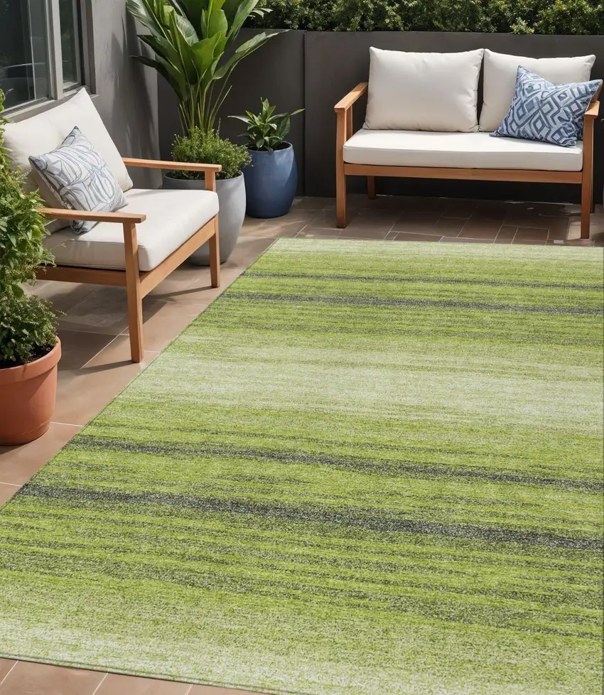 Lime Green Ivory And Black Striped Washable Indoor Outdoor Area Rug Photo 1