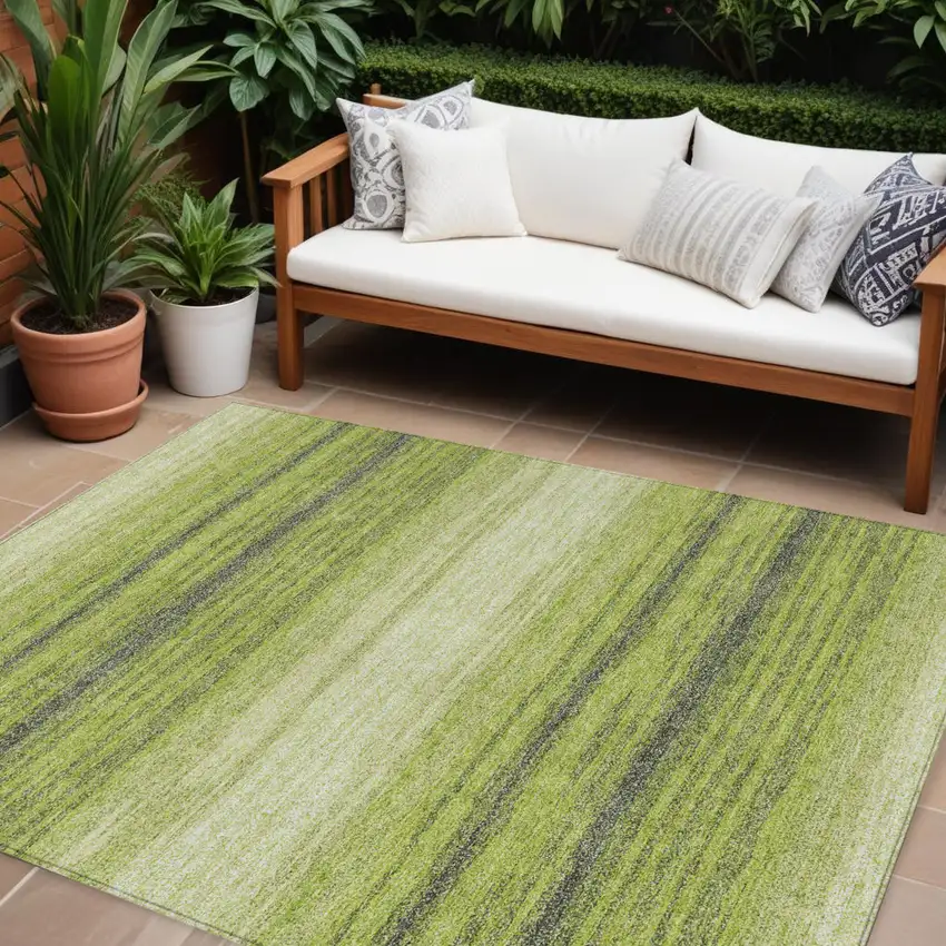 Lime Green Ivory And Black Striped Washable Indoor Outdoor Area Rug Photo 1