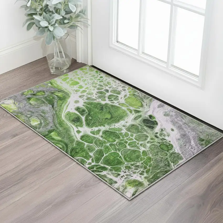 Lime Green Ivory And Gray Abstract Washable Area Rug With UV Protection Photo 2