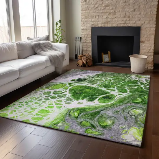 Lime Green Ivory And Gray Abstract Washable Area Rug With UV Protection Photo 5