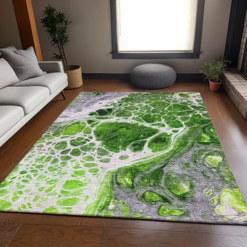 Lime Green Ivory And Gray Abstract Washable Area Rug With UV Protection Photo 5