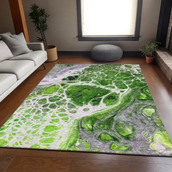 Lime Green Ivory And Gray Abstract Washable Area Rug With UV Protection Photo 5