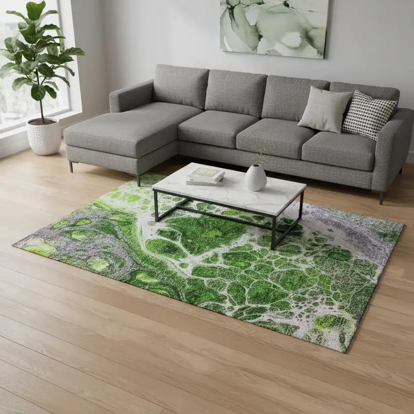 Lime Green Ivory And Gray Abstract Washable Area Rug With UV Protection Photo 1