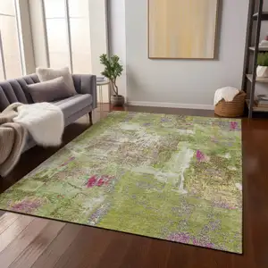 Photo of Lime Green Ivory And Pink Abstract Washable Indoor Outdoor Area Rug
