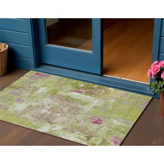 Lime Green Ivory And Pink Abstract Washable Indoor Outdoor Area Rug Photo 1
