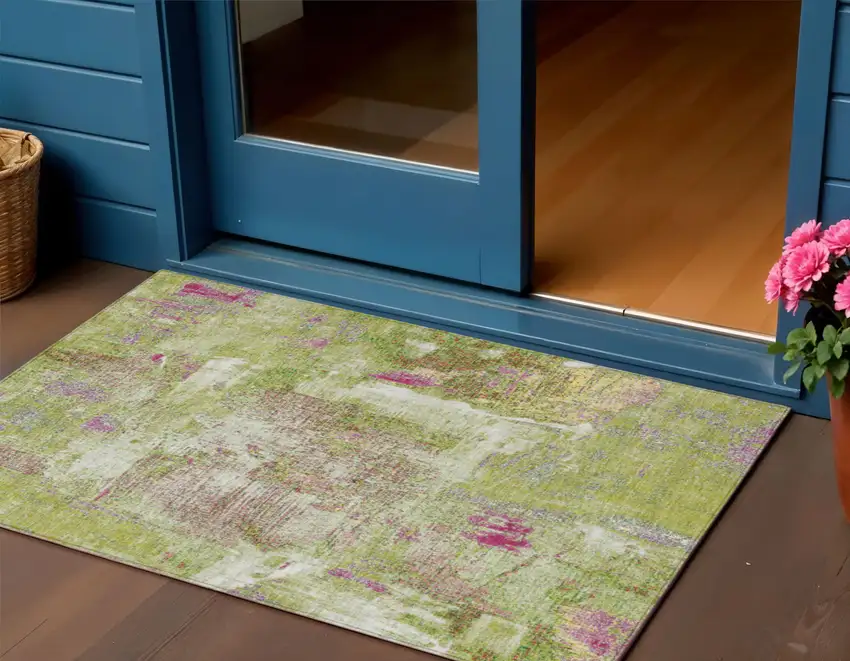 Lime Green Ivory And Pink Abstract Washable Indoor Outdoor Area Rug Photo 1