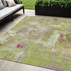 Photo of Lime Green Ivory And Pink Abstract Washable Indoor Outdoor Area Rug