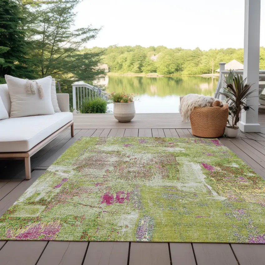 Lime Green Ivory And Pink Abstract Washable Indoor Outdoor Area Rug Photo 9