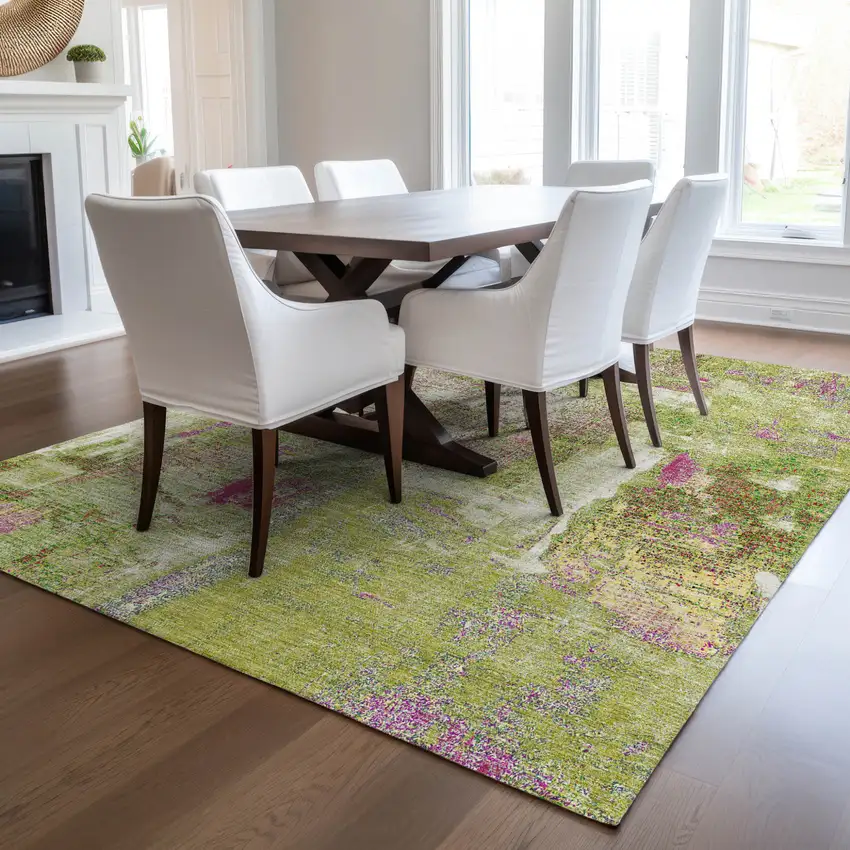 Lime Green Ivory And Pink Abstract Washable Indoor Outdoor Area Rug Photo 9