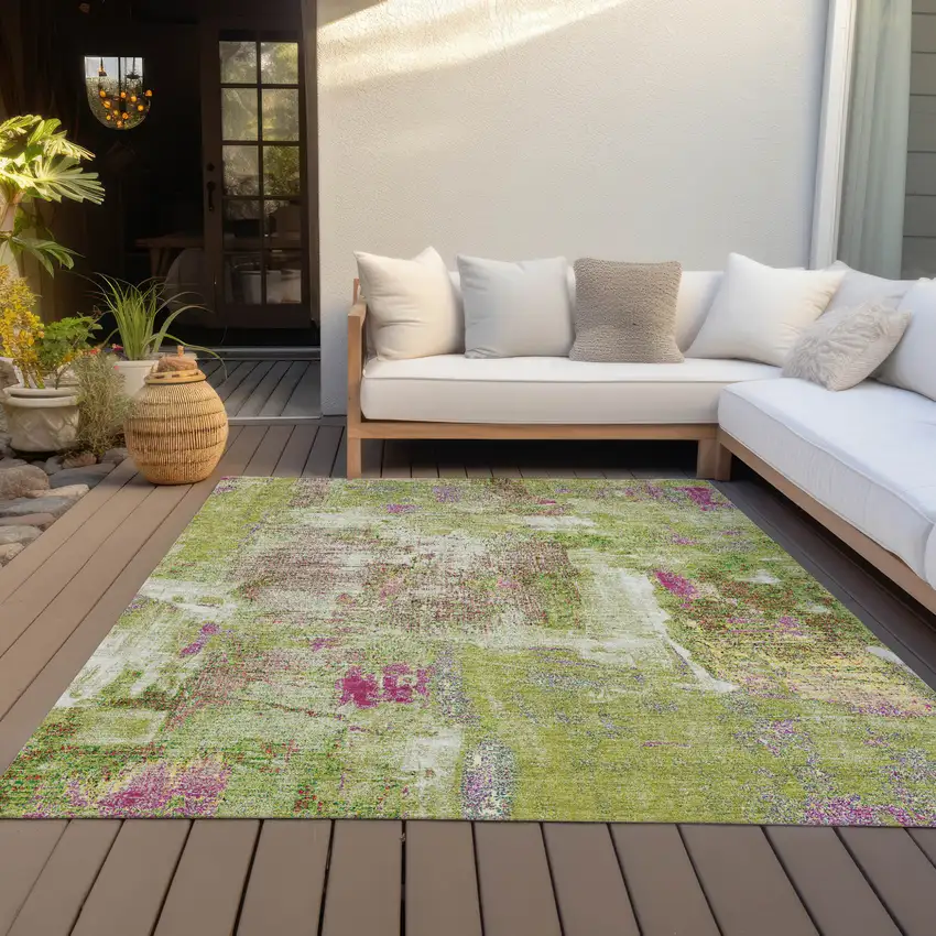 Lime Green Ivory And Pink Abstract Washable Indoor Outdoor Area Rug Photo 6