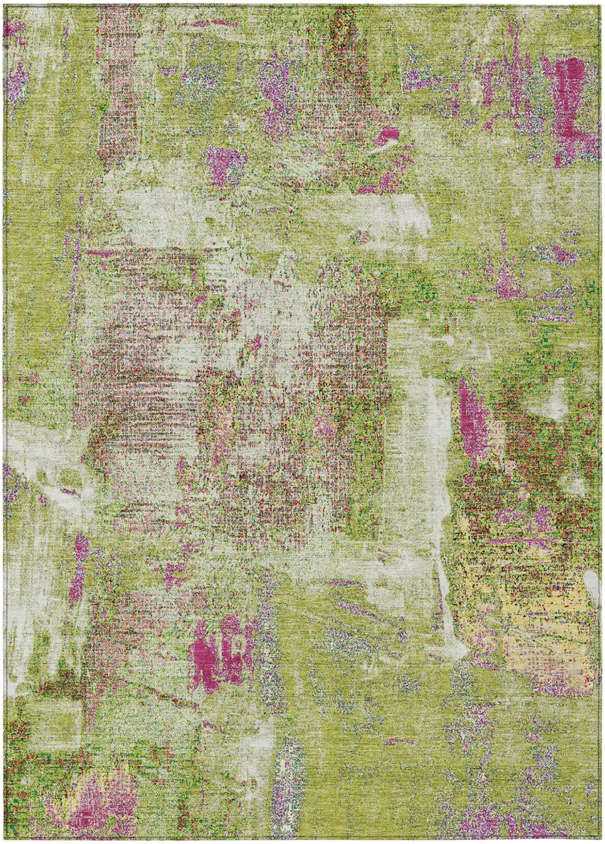 Lime Green Ivory And Pink Abstract Washable Indoor Outdoor Area Rug Photo 2