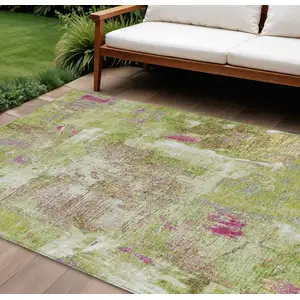 Photo of Lime Green Ivory And Pink Abstract Washable Indoor Outdoor Area Rug