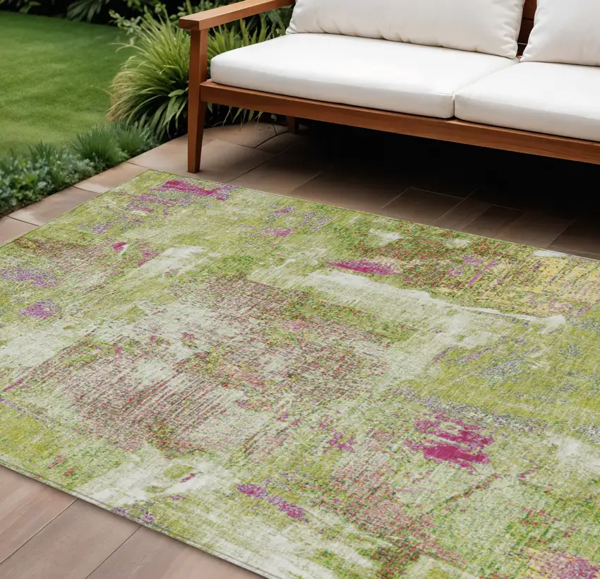 Lime Green Ivory And Pink Abstract Washable Indoor Outdoor Area Rug Photo 1