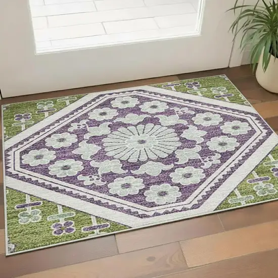 Lime Green Ivory And Purple Floral Washable Area Rug With UV Protection Photo 2