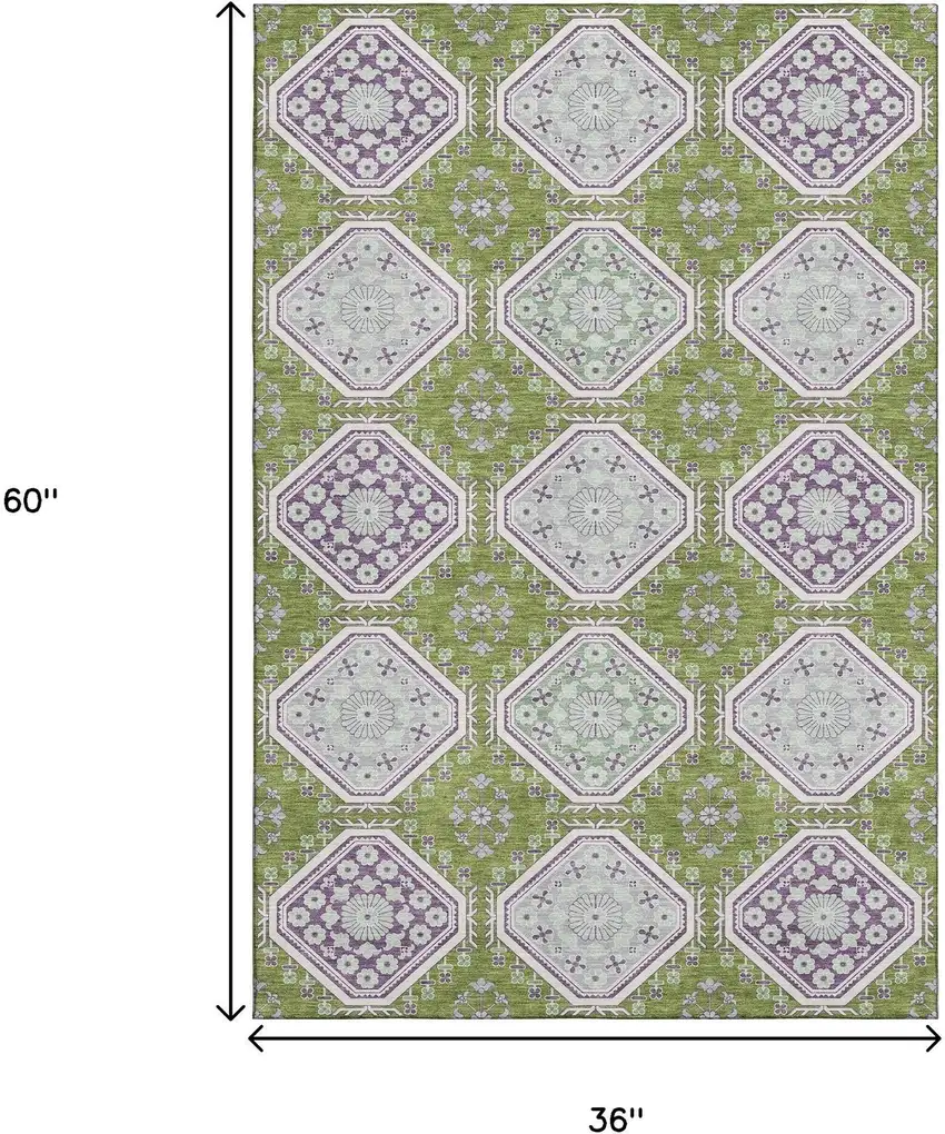 Lime Green Ivory And Purple Floral Washable Area Rug With UV Protection Photo 3