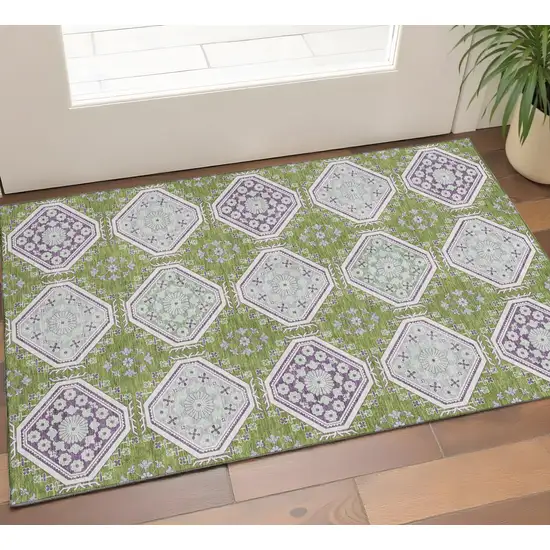 Lime Green Ivory And Purple Floral Washable Area Rug With UV Protection Photo 1