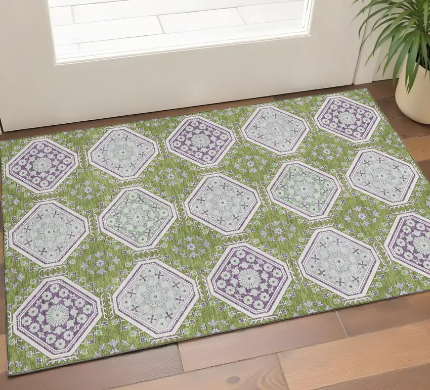Lime Green Ivory And Purple Floral Washable Area Rug With UV Protection Photo 1