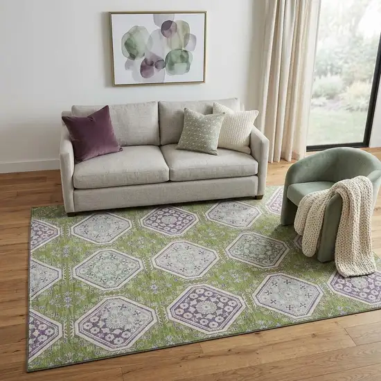 Lime Green Ivory And Purple Floral Washable Area Rug With UV Protection Photo 1