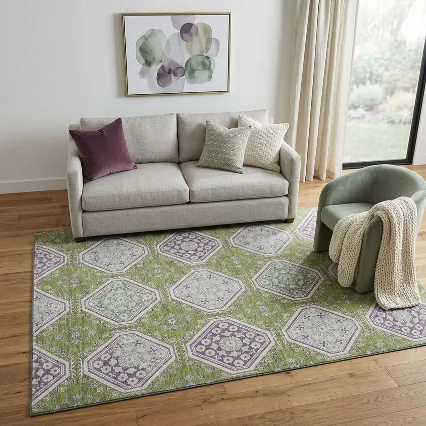 Lime Green Ivory And Purple Floral Washable Area Rug With UV Protection Photo 1
