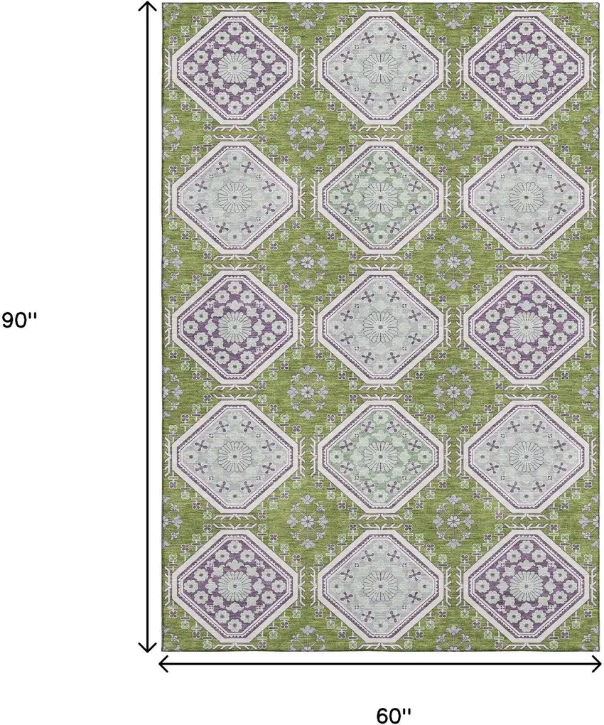 Lime Green Ivory And Purple Floral Washable Area Rug With UV Protection Photo 6