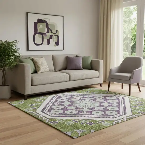 Lime Green Ivory And Purple Floral Washable Area Rug With UV Protection Photo 2