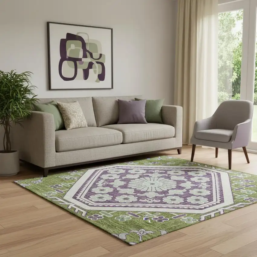 Lime Green Ivory And Purple Floral Washable Area Rug With UV Protection Photo 2