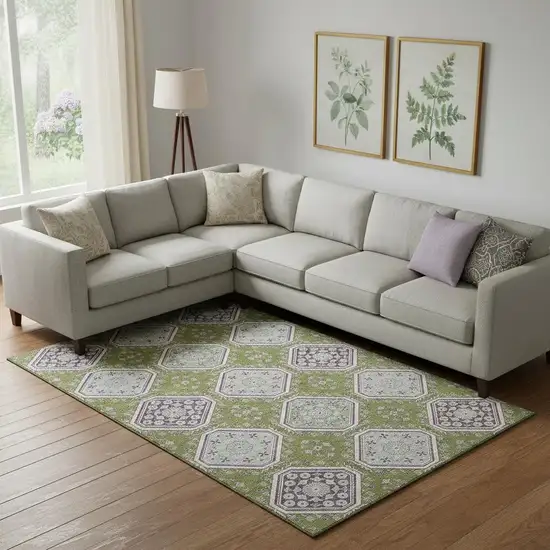 Lime Green Ivory And Purple Floral Washable Area Rug With UV Protection Photo 2