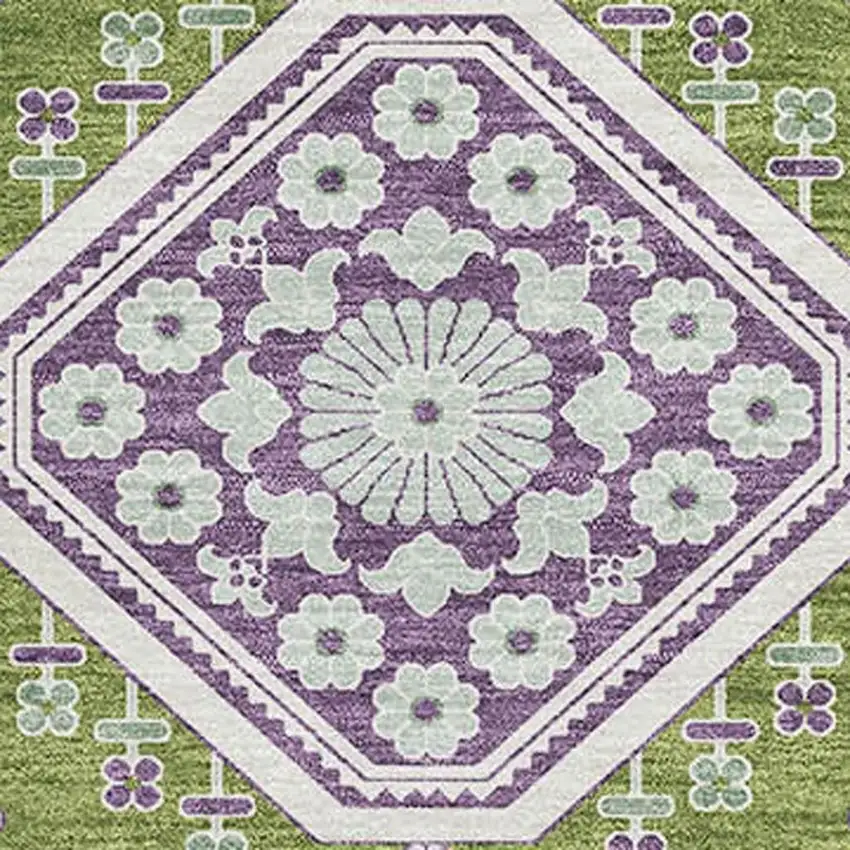 Lime Green Ivory And Purple Floral Washable Area Rug With UV Protection Photo 2