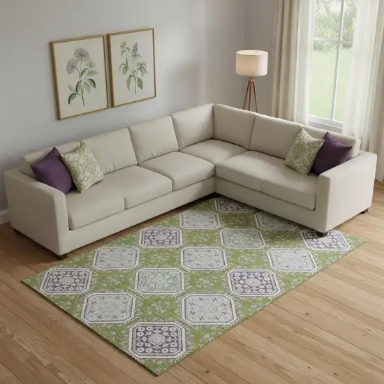 Lime Green Ivory And Purple Floral Washable Area Rug With UV Protection Photo 2