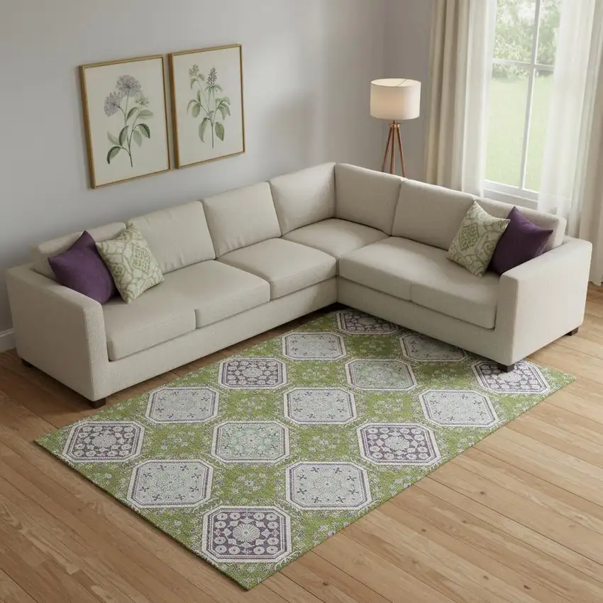 Lime Green Ivory And Purple Floral Washable Area Rug With UV Protection Photo 2