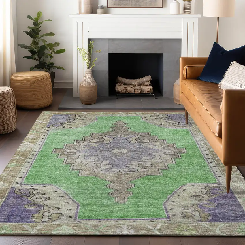 Lime Green Lavender And Brown Geometric Washable Indoor Outdoor Area Rug Photo 8