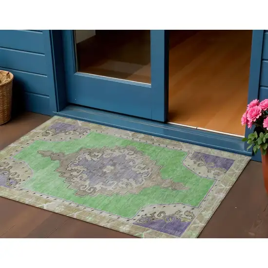 Lime Green Lavender And Brown Geometric Washable Indoor Outdoor Area Rug Photo 2