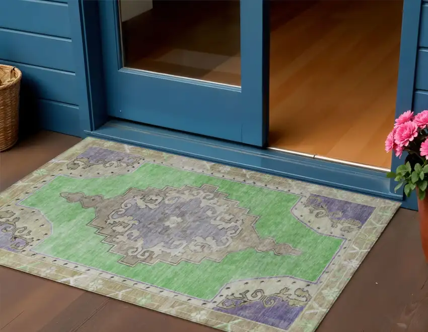 Lime Green Lavender And Brown Geometric Washable Indoor Outdoor Area Rug Photo 2