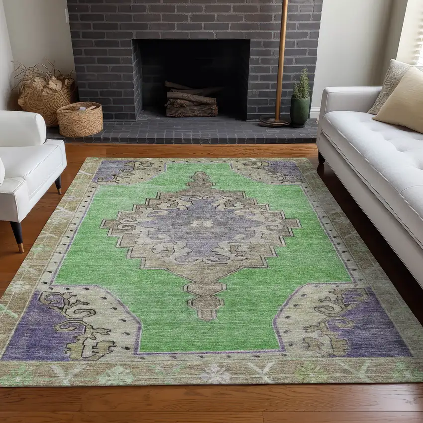 Lime Green Lavender And Brown Geometric Washable Indoor Outdoor Area Rug Photo 9