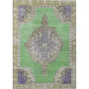 Photo of Lime Green Lavender And Brown Geometric Washable Indoor Outdoor Area Rug